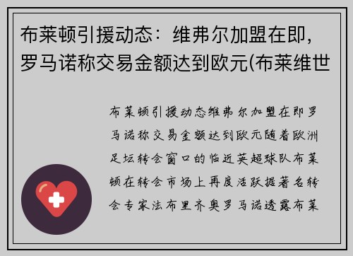 布莱顿引援动态：维弗尔加盟在即，罗马诺称交易金额达到欧元(布莱维世)