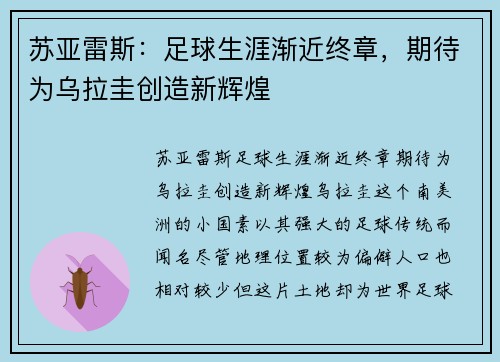 苏亚雷斯：足球生涯渐近终章，期待为乌拉圭创造新辉煌
